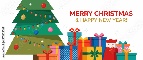 Enjoy the festive spirit with this vibrant Christmas illustration showcasing a beautifully decorated tree and a variety of colorful gifts ready for the holiday season.