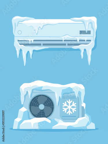 This illustration depicts two air conditioning units covered in ice and snow, highlighting the importance of regular maintenance while providing a humorous visual twist.
