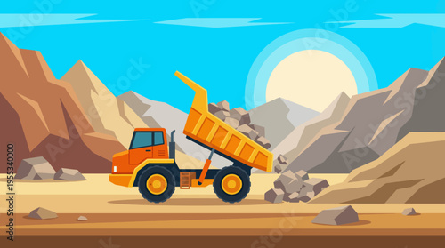 A bright and colorful dump truck is seen hauling rocks through a scenic desert landscape, showcasing its functionality and the beauty of construction vehicles in nature.