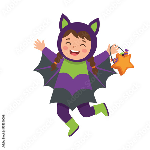 A cheerful girl dressed in a playful bat costume joyfully holds a treat bag, representing the fun and excitement of Halloween celebrations for children around the world.