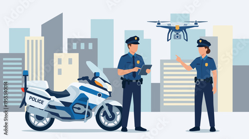 Two police officers are depicted working with a drone and a motorcycle in an urban environment, highlighting the integration of technology in modern law enforcement practices.