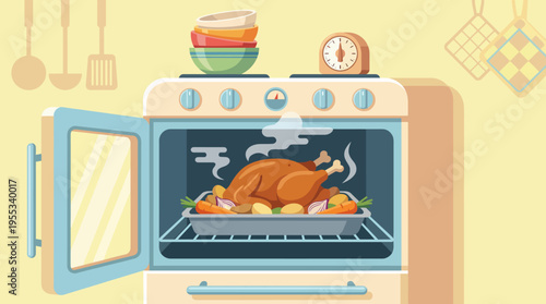 A beautifully roasted turkey is placed in an oven, surrounded by colorful vegetables, inviting warmth and a sense of celebration perfect for holiday gatherings.