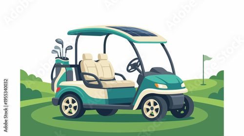 A modern solar-powered golf cart sits on a manicured green, merging technology and outdoor fun, representing the eco-friendly approach to enjoying golf.