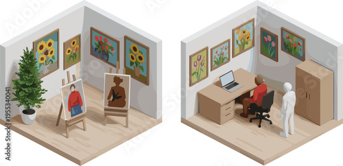 WebIsometric art studio and office interior set with painter easel floral paintings laptop desk and creative workspace for designer artist