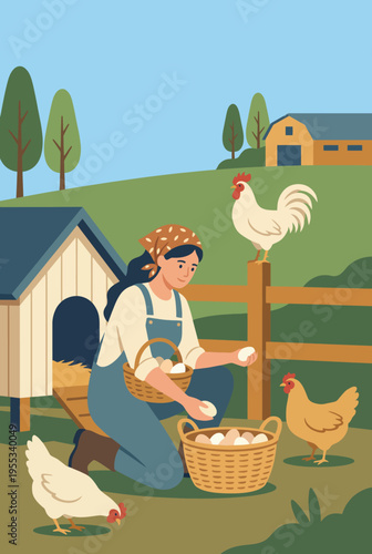 A farmer joyfully gathers freshly laid eggs from hens on a sunny farm, showcasing the harmony between humans, nature, and the agricultural lifestyle in a rural setting.
