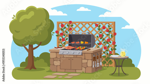 An inviting outdoor BBQ grill setup surrounded by lush greenery and blooming roses, perfect for summer gatherings and enjoying meals with family and friends in nature.