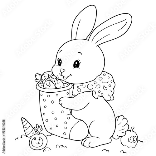 A rabbit hugging socks filled with cristmas gifts coloring page