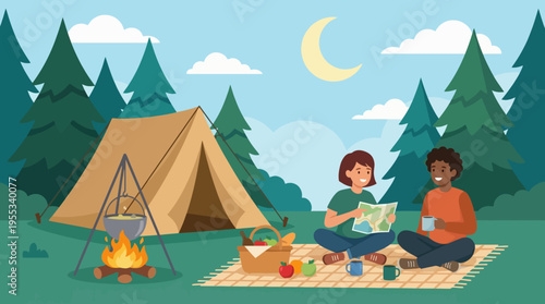 A cozy camping scene featuring two friends reading a map, enjoying a picnic, and surrounded by a tent, fire, and serene forest views under a bright moon.