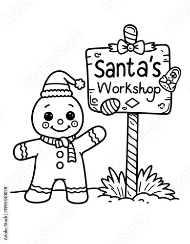 Bold outline of a gingerbread poiting towards Santa's Workshop coloring page for kids