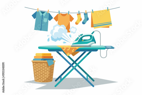 A vibrant illustration of an ironing board setup with freshly cleaned clothes hanging above, showcasing an iron producing steam, ideal for conveying laundry tasks and home life.