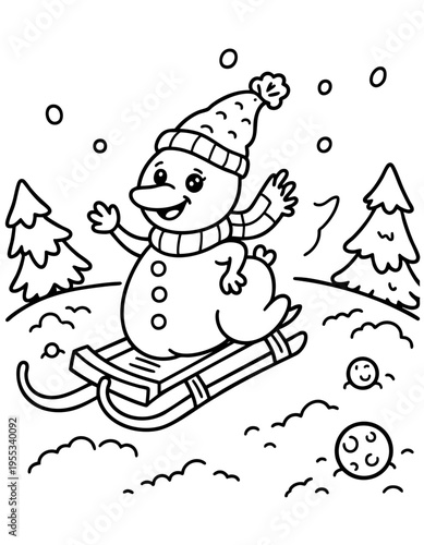 Bold outline of a snowman skiing on snow moutain coloring page