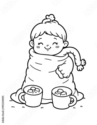Bold outline of baby wrapped with blanket with hot marshmallow coffe coloring page