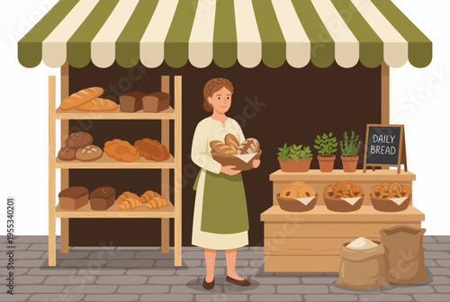 A friendly woman in an apron stands at a bakery stall, showcasing an array of freshly baked bread, inviting customers into a warm and welcoming atmosphere.