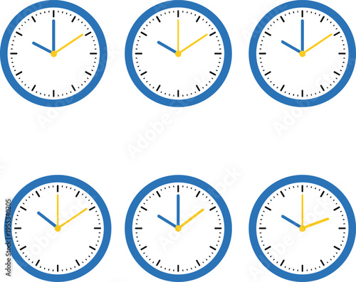 WebModern blue wall clock icons set with yellow and blue hands for time management office schedule and deadline countdown icons