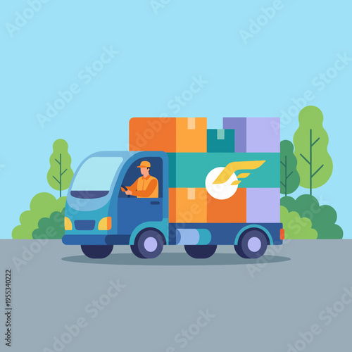 A delivery truck navigates through a serene landscape, loaded with colorful packages, symbolizing convenience, logistics, and the vital role of shipping in everyday life.