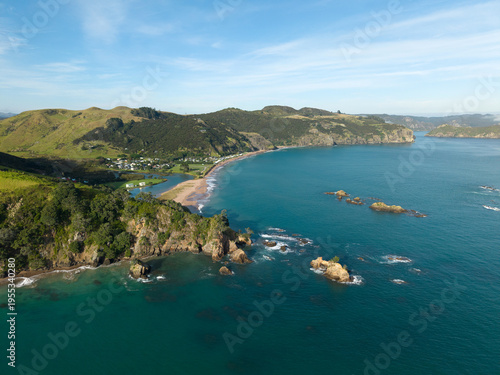 Scenic aerial view of Tauranga Bay, Northland, New Zealand