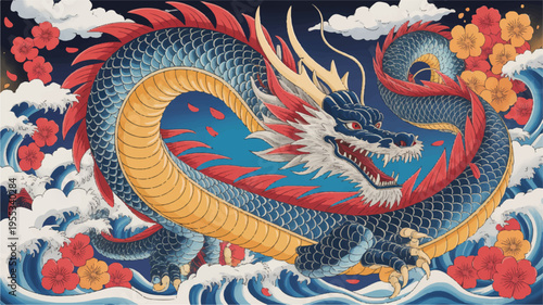 A whimsical illustration of a majestic dragon swimming through stormy waves with vibrant flowers and clouds