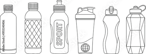 WebVector line art set of sport water bottles for fitness protein shaker and reusable plastic bottle icons for coloring book
