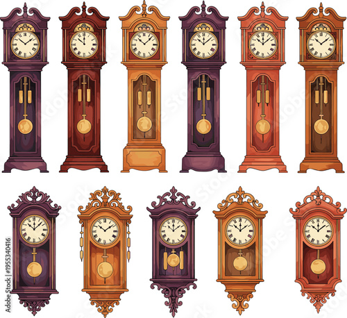 WebVintage grandfather clock and wall pendulum clock set with wooden antique designs for interior decor home history and time icons