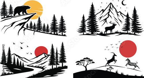 Four nature scenes with animals and sun or moon in forest and mountain landscapes