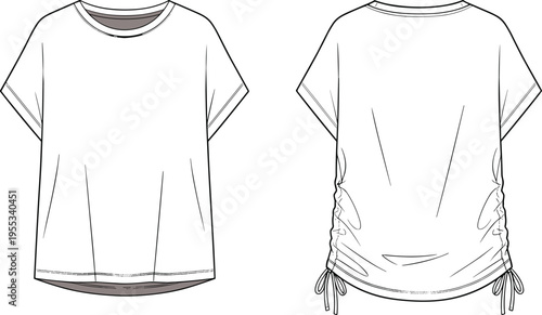 WebWomen short sleeve t-shirt fashion technical sketch with front and back view featuring side drawstring detail for apparel design template
