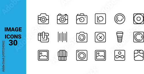 Camera, photography, icon set, 30 black line icons, vector graphics, photo, video, media symbols