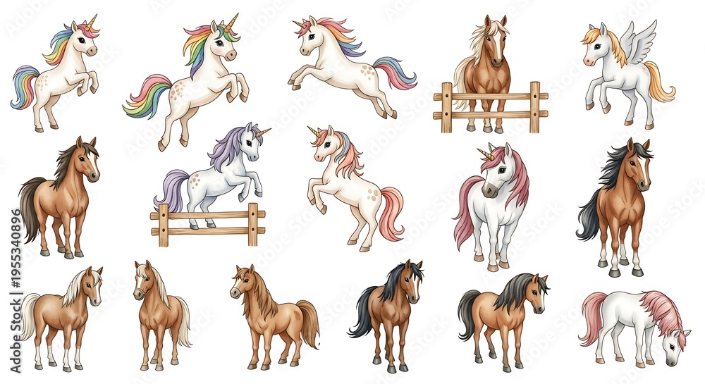 Fototapeta premium Cartoon animals: horses and unicorns