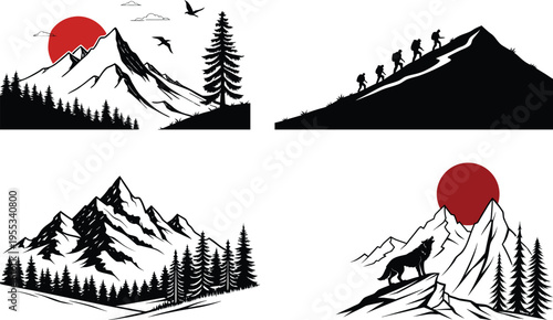 Four mountain landscapes with trees and red sunsets in black and white