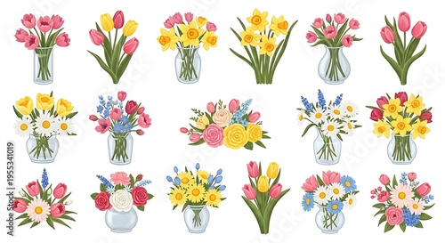 Spring bouquet set in clear vases with tulips, daisies, and mixed wildflowers