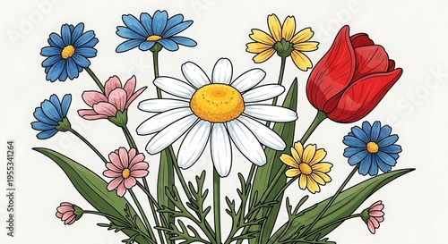Hand-drawn photo of assorted spring flowers in vibrant hues