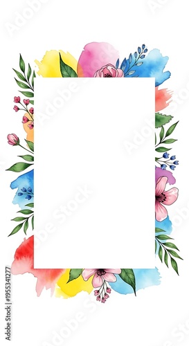 Watercolor-style floral frame with assorted flowers and foliage