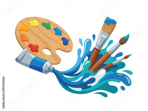 This striking image features an artist's palette and paintbrushes with vibrant paint splashes, representing creativity, art, and the dynamic process of painting in a modern style.