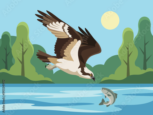 A beautiful depiction of an osprey diving into a shimmering lake to catch fish while surrounded by lush trees and a bright sun in the sky, showcasing Nature's wonders beautifully.