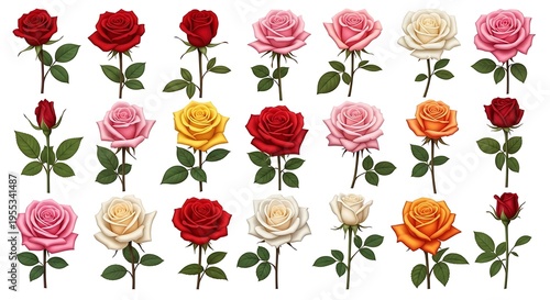 Twenty-one different colored roses with green leaves on white background