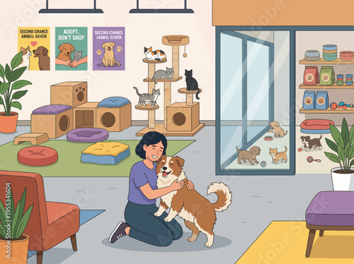 A lively and heartwarming illustration of an animal shelter, displaying dogs and cats in a friendly environment, emphasizing pet adoption and the joy of animals.