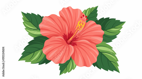 This image features a vibrant pink hibiscus flower prominently displayed with lush green leaves, capturing the essence of tropical beauty and nature's artistry in full bloom.