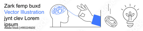 Business innovation, creative thinking, financial solutions, problem-solving, idea generation, mental processes. Hand pointing at head, coin and light bulb graphic. s business innovation