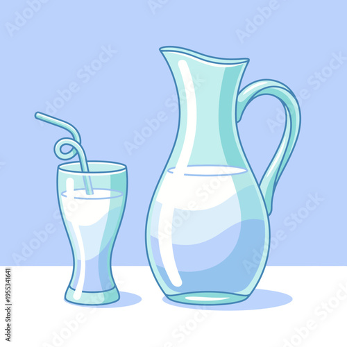 This refreshing image of a clear water pitcher and glass with a straw evokes feelings of coolness and hydration, emphasizing simplicity and everyday elegance.