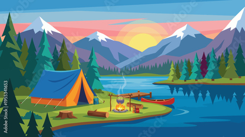 A tranquil illustration of a campsite by a lake, showcasing a tent, fire, and canoe, capturing the essence of outdoor adventures and the beauty of nature.