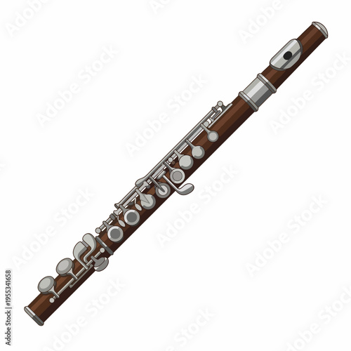 This image showcases a beautifully crafted wooden flute featuring intricate silver key mechanisms, perfect for highlighting musical artistry and craftsmanship.