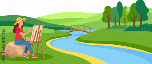 This serene image captures an artist painting a picturesque river landscape, showcasing nature's beauty and the creative process that inspires artistic expression.