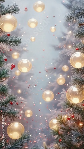 Festive glowing lights among winter pine branches