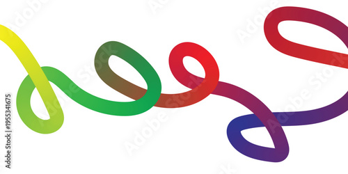 A colorful swirling design of interconnected loops in a gradient of rainbow hues on a white background