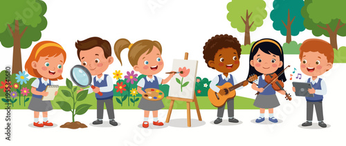 A vibrant scene of children participating in various creative activities outdoors, illustrating the joy of learning, exploration, and artistic expression in a natural environment.