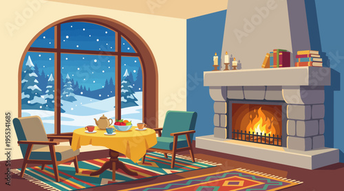 A warm and inviting living space featuring a fireplace, a table set for tea, and a snowy landscape visible through a large window, radiating comfort and tranquility.