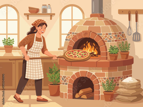 An illustration of a woman proudly placing a freshly baked pizza into a rustic oven in a homey kitchen, symbolizing family, tradition, and culinary delight.