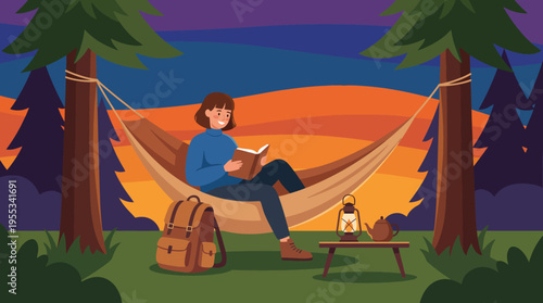 A serene scene of an individual relaxing in a hammock surrounded by trees, reading a book against a stunning sunset backdrop, representing peace and escape into nature.