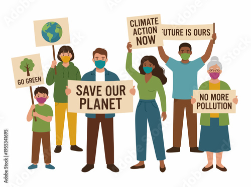 A vibrant illustration of a diverse group of individuals holding signs for climate action, showcasing community activism, awareness, and the importance of environmental protection.