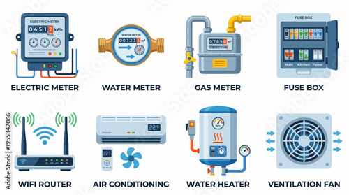 Vector illustration of various household appliances and utility meters in a modern home, featuring electric, water, and gas meters, alongside devices like a wifi router and air conditioning unit.