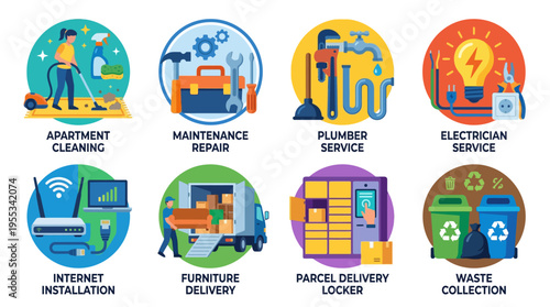 Various modern vector icons depicting apartment services and household tasks in a vector graphic style.